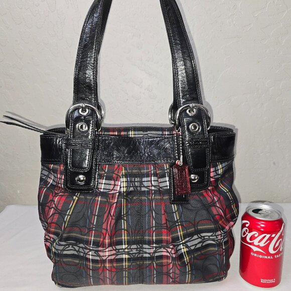 COACH F15467 Poppy Tartan Plaid Signature Glam Glitter Shoulder Tote FLAWLESS! - Picture 2 of 13